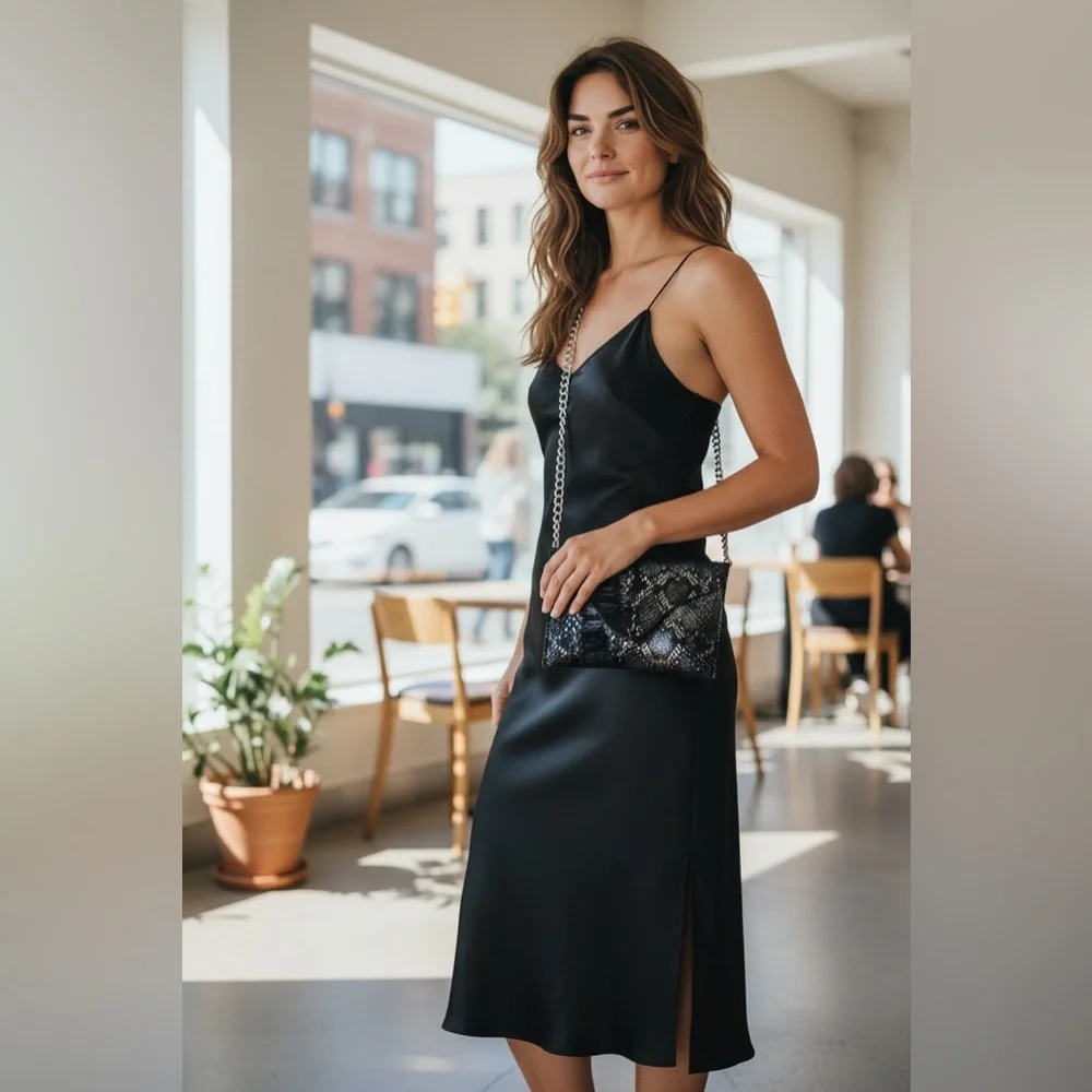 JJ Winters Envelope Crossbody Black Snakeskin Chain Bag